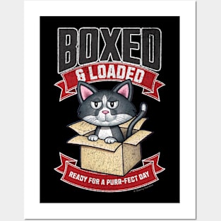 Cute black and white cat in box ready for a purr-fect day Posters and Art